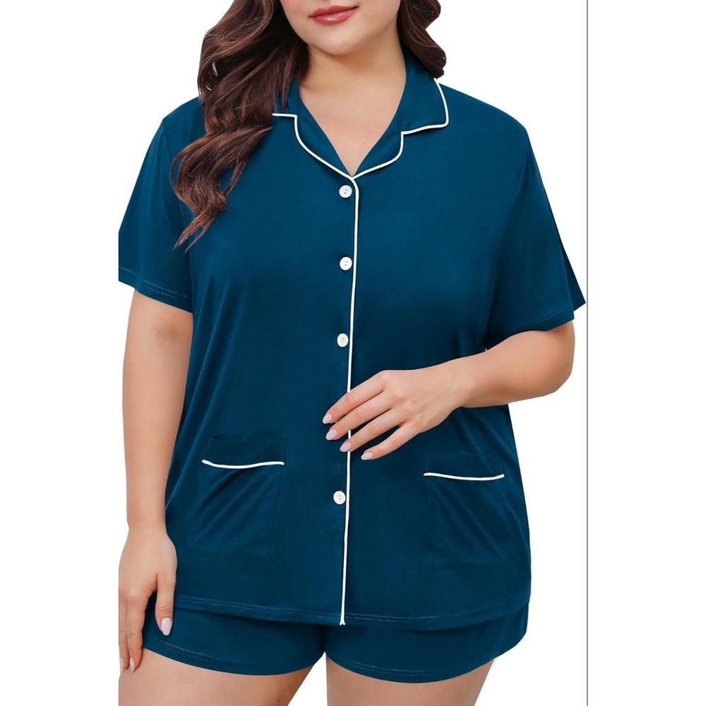 SWOMOG Pajama Set Plus Size 22W Teal‎ Green Button Front Shorts Sleepwear NWT